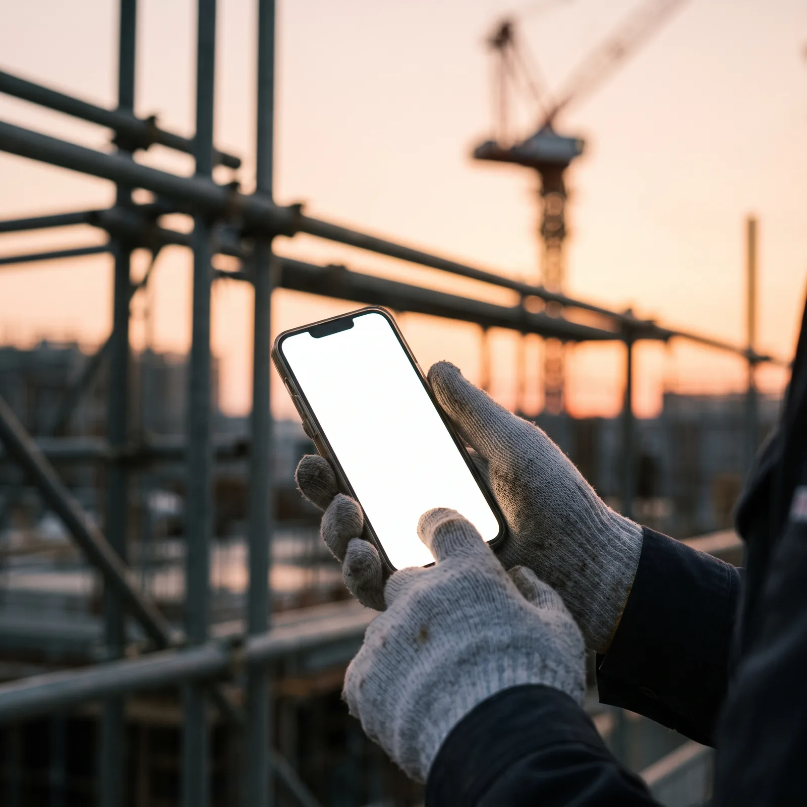 夜明けの建設現場で、軍手をした手がスマートフォンを操作している